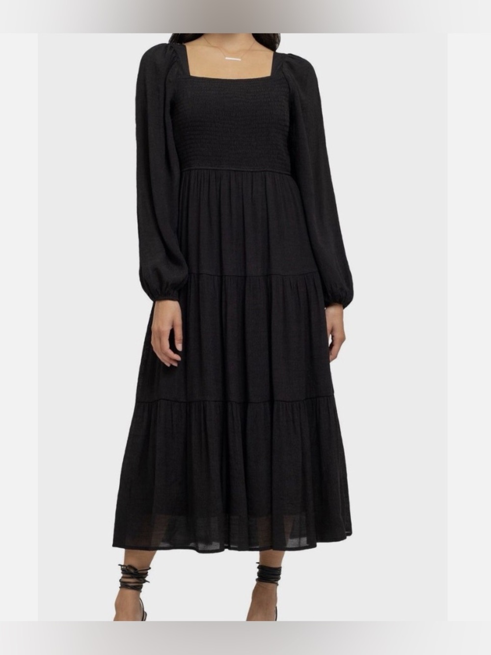 August Sky Black Tiered Smocked Long Sleeve Dress Large L Nordstrom